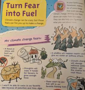 image of a page from the book love the earth by mel hammond which provides examples of fears girls have about climate change