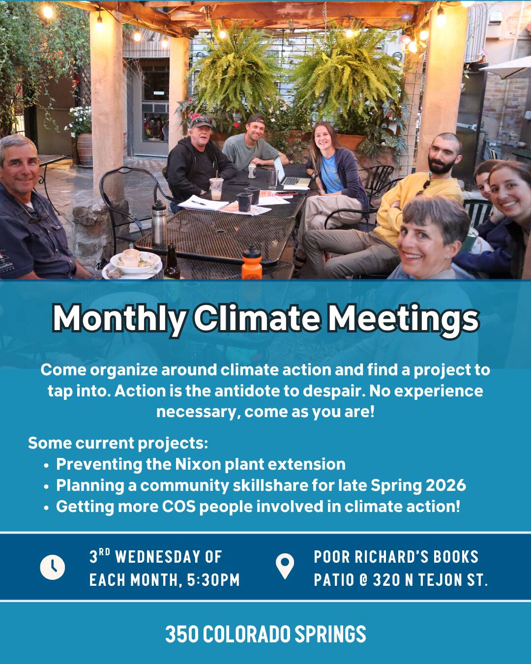 350 Colorado Springs monthly team meeting flyer